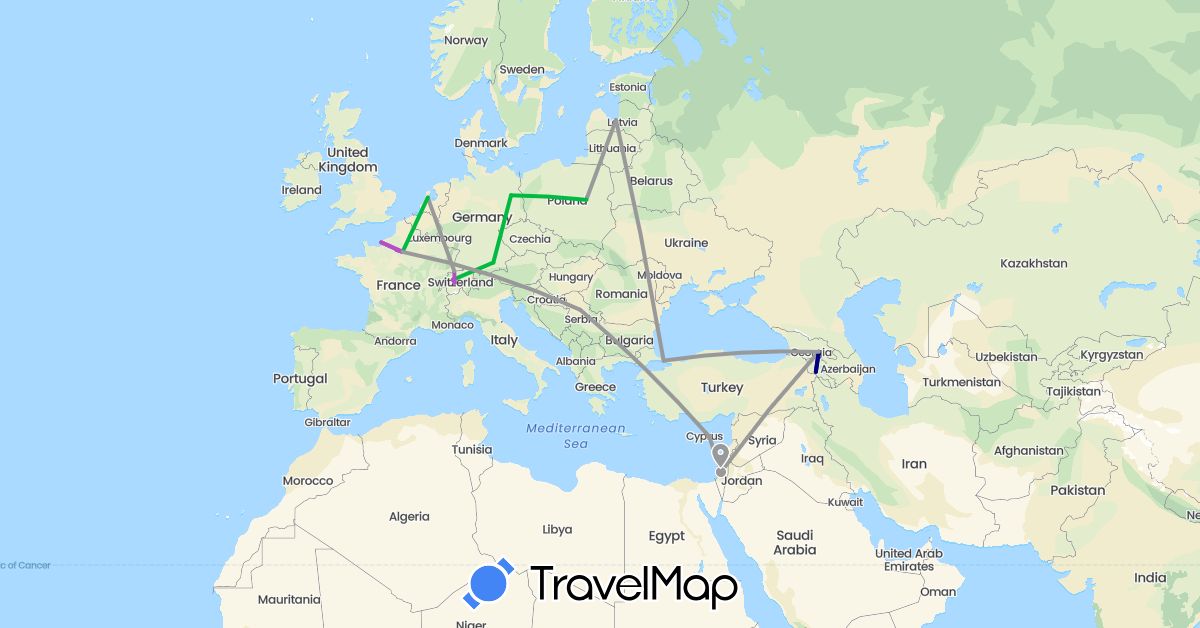 TravelMap itinerary: driving, bus, plane, train in Armenia, Switzerland, Cyprus, Germany, France, Georgia, Israel, Latvia, Netherlands, Poland, Serbia, Turkey (Asia, Europe)