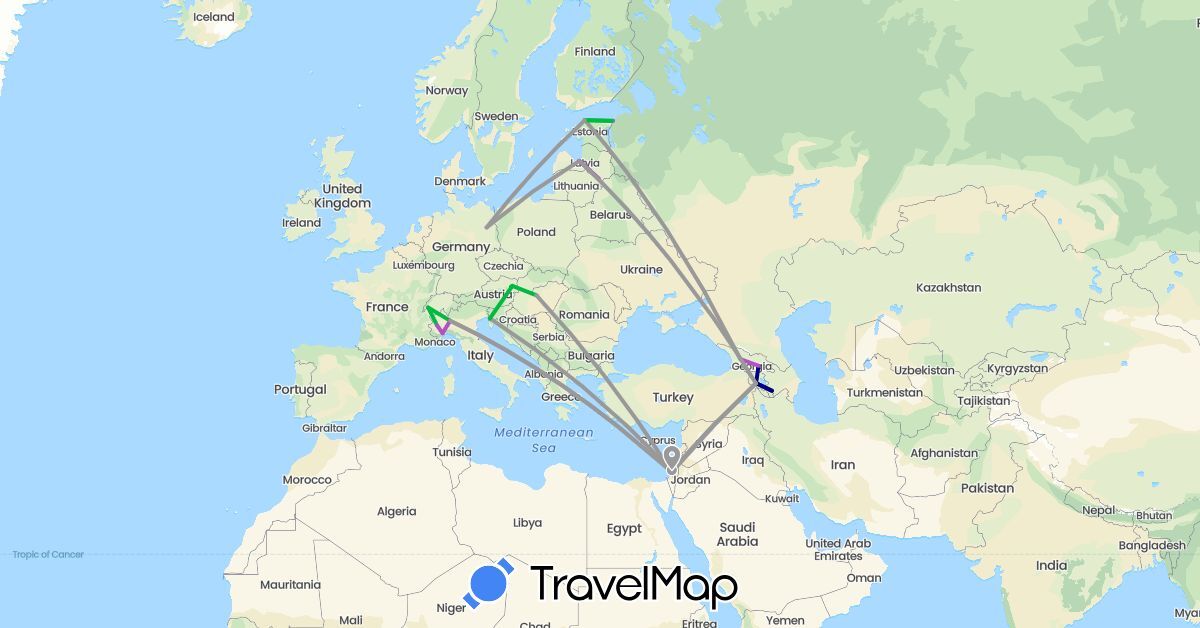 TravelMap itinerary: driving, bus, plane, cycling, train in Armenia, Austria, Switzerland, Germany, Estonia, Georgia, Hungary, Israel, Italy, Latvia (Asia, Europe)